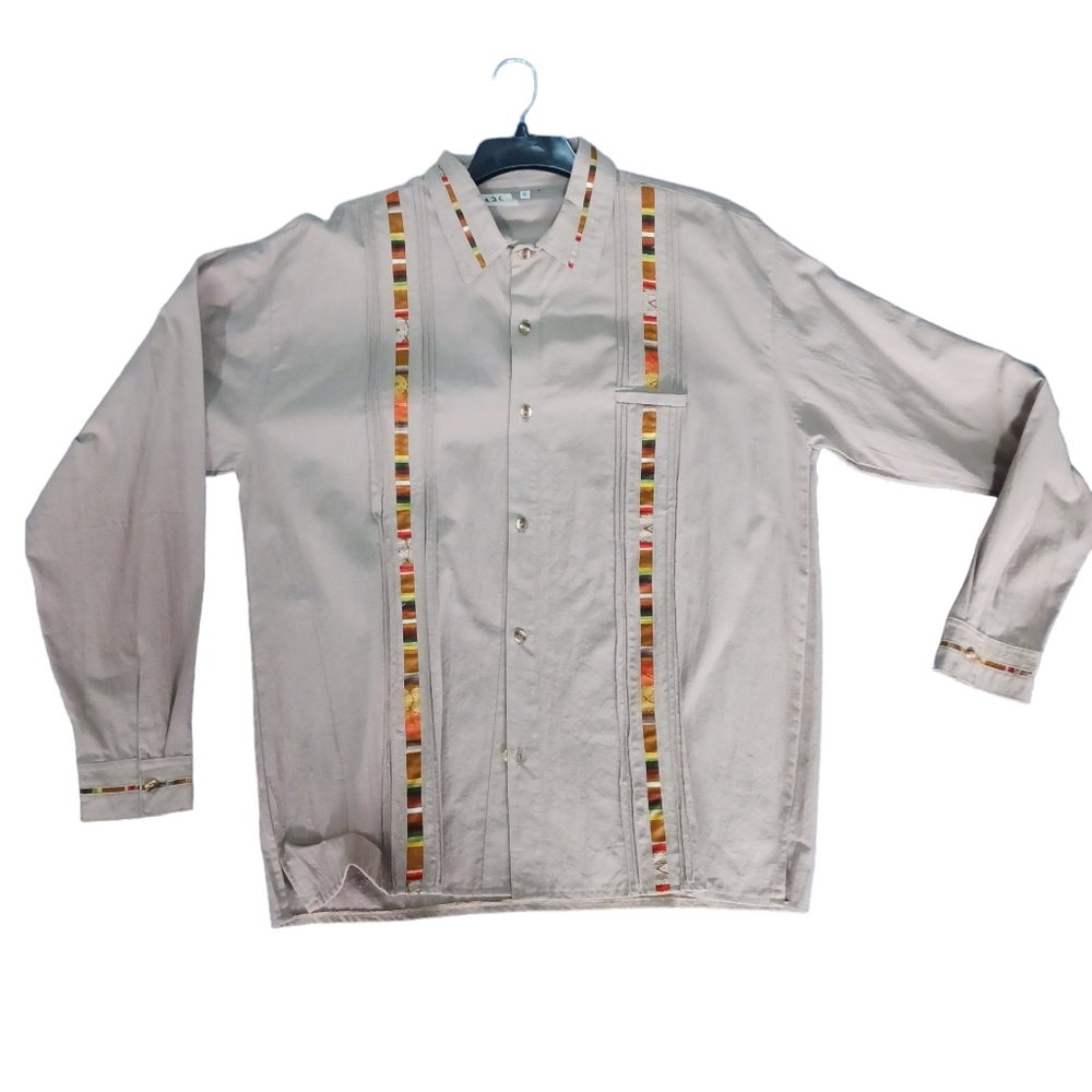 Mexican guayabera long sleeve large light grey